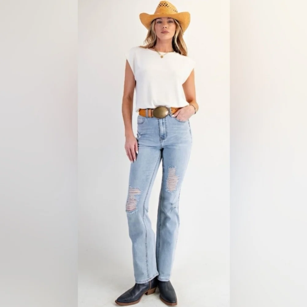 Easel Jeans Denim Classic Blue Distressed Stretch